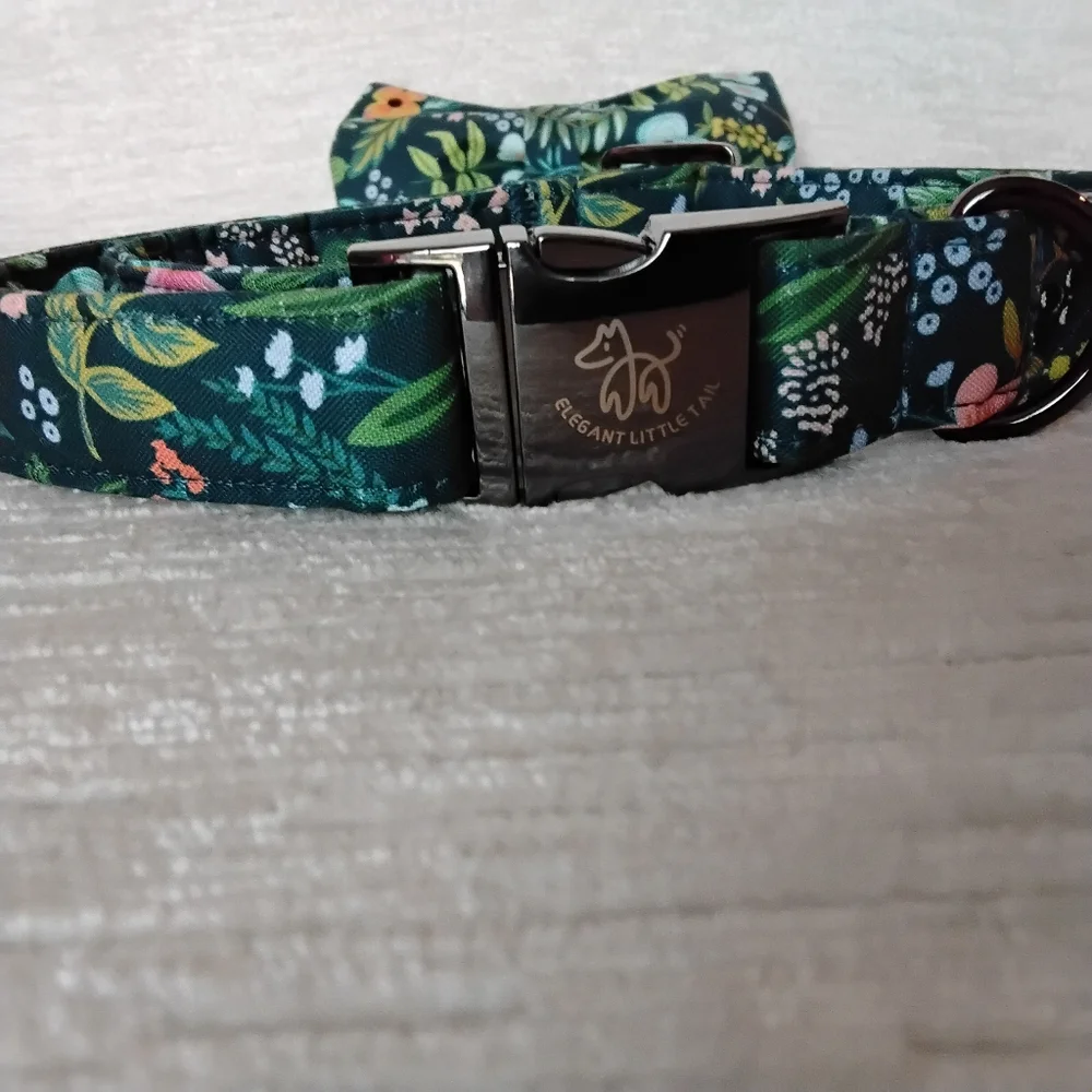 Pet Bow Tie and Collar Set Navy Spring Floral Size Medium 13.5